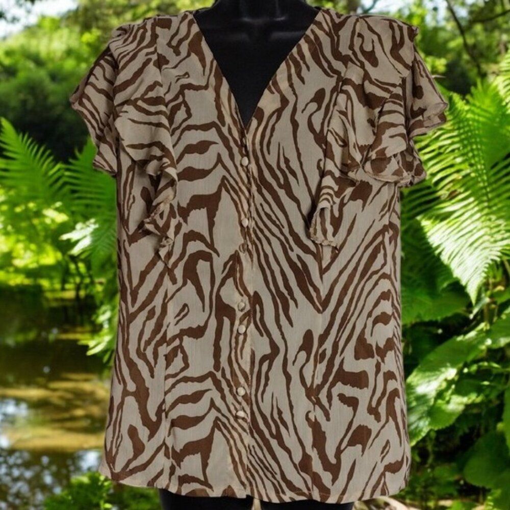 Millenium Animal Print Flutter Sleeve Ruffled Blouse Size Large